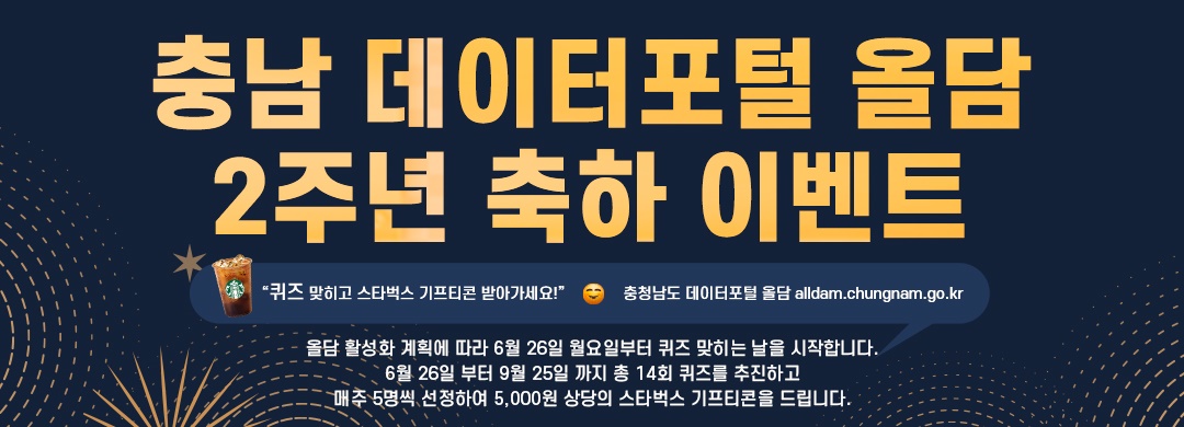 올담의 2주년(‘23.6.30) 기념과 올담의 이용 활성화를 위해 도민 모두 참여할 수 있는 퀴즈 이벤트를 9월 30일까지 진행합니다.
퀴즈 정답자 중 매주 5명을 추첨하여(14주간, 총 70명) 5천원 상당 모바일 커피쿠폰을 제공합니다.
9월 30일까지 매주 월요일마다 새로운 문제가 출제되며, 충남 데이터포털과 관련된 내용의 문제와 답을 맞히는 방식입니다.