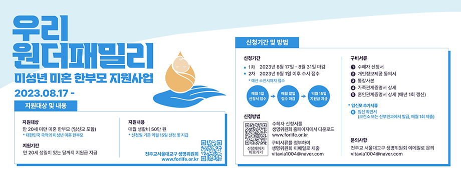 우리원더패밀리
미성년 미혼 한부모 지원사업
2023.8.17~