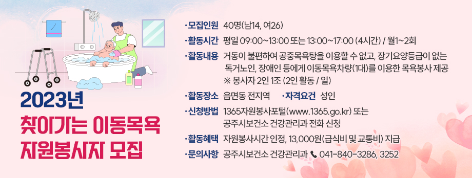 2023년 찾아가는 이동목욕 자원봉사자 모집

모집인원 : 40명(남14, 여26)
활동시간 : 평일 09:00~13:00 또는 13:00~17:00 (4시간) / 월1~2회
활동내용 : 거동이 불편하여 공중목욕탕을 이용할 수 없고, 장기요양등급이 없는
               독거노인, 장애인 등에게 이동목욕차량(1대)를 이용한 목욕봉사 제공
               ※ 봉사자 2인 1조 (2인 활동 / 일)
활동장소 : 읍면동 전지역
자격요건 : 성인
신청방법 : 1365자원봉사포털(www.1365.go.kr) 또는 공주시보건소 건강관리과 전화 신청  
활동혜택 : 자원봉사시간 인정, 13,000원(급식비 및 교통비) 지급
문의사항 : 공주시보건소 건강관리과 ☎ 041-840-3286, 3252