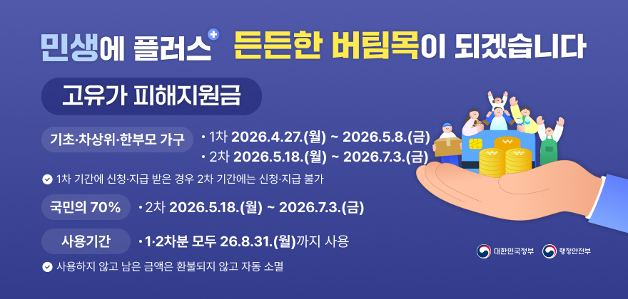 민생에 플러스 든든한 버팀목이 되겠습니다
고유가 피해지원금
기초·차상위·한부모 가구 · 1차 2026.4.27.(월) ~ 2026.5.8.(금) / · 2차 2026.5.18.(월) ~ 2026.7.3.(금)
1차 기간에 신청·지급 받은 경우 2차 기간에는 신청·지급 불가
국민의 70% ·2차 2026.5.18.(월) ~ 2026.7.3.(금)
사용기간  · 1·2차분 모두 26.8.31.(월)까지 사용
사용하지 않고 남은 금액은 환불되지 않고 자동 소멸
대한민국정부 행정안전부