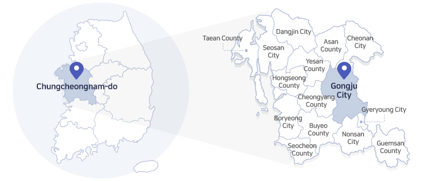 Gongju map - Chungcheongnam-do / Taean County / Seosan City / Dangjin City / Hongseong County / Yesan County / Asan County / Cheonan City / Boryeong City / Cheongyang County / Gongju City / Seocheon County / Buyeo County / Nonsan City / Gyeryong City / Geumsan County 