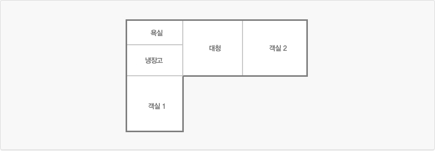 유구관/신풍관 객실 평면도 이미지로 객실1, 냉장고, 욕실, 대청, 객실2가 있습니다.