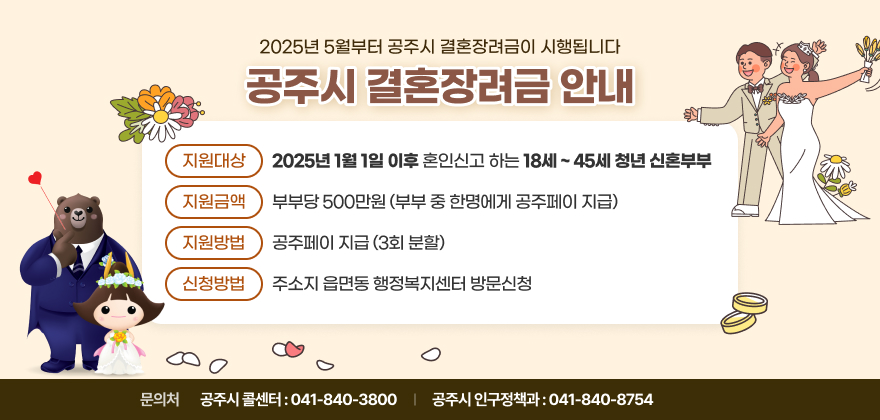 - 지원대상 : 2025년 1월 1일 이후 혼인신고 하는 18세 ~ 45세 청년 신혼부부
- 지원금액 : 부부당 500만원(부부 중 한명에게 공주페이 지급)
-지원방법 : 공주페이 지급(3회 분할)
-신청방법 : 주소지 읍면동 행정복지센터 방문신청
-문의 공주시 콜센터 : 041-840-3800, 공주시 인구정책과 : 041-840-8754